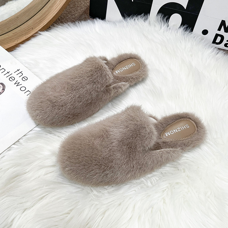 Slip On Mule Flat - Okrągłe Kapcie z Puszystym Futrem Damskie