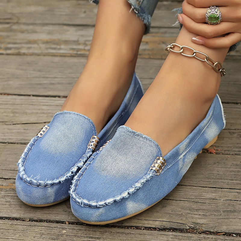 Women Shoes Loafers - Modne jasnoniebieskie dżinsowe mokasyny wsuwane, płaskie