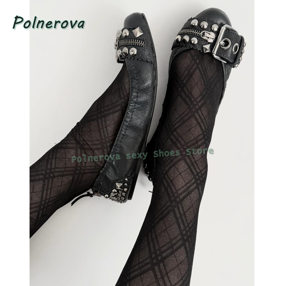 Women Shoes Loafers - Buty Mary Jane z nitowaną klamrą,